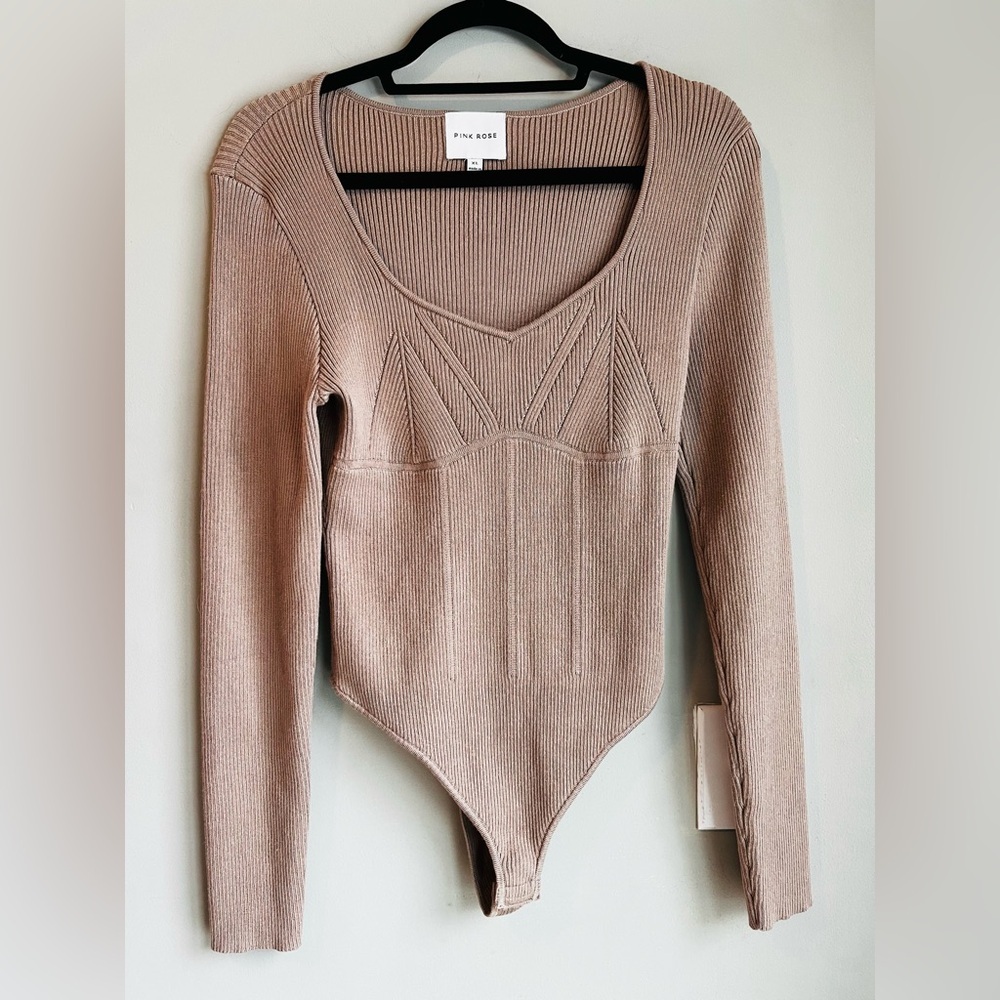 Pink Rose Women's Beige Ribbed Bodysuit XL NWOT